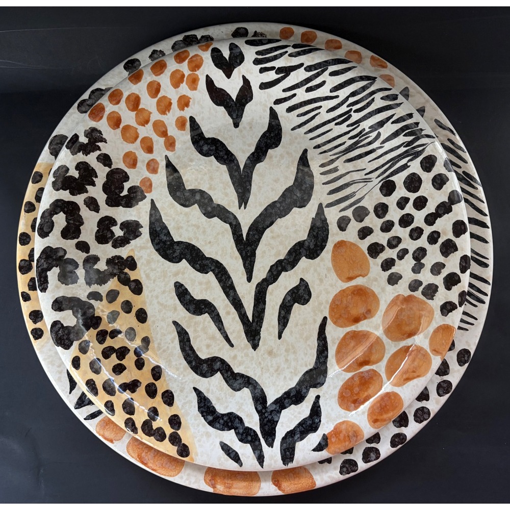 Set of 2 Animal Print Ceramic Plates Mixed Leopard Zebra Giraffe Vintage Kitchen
